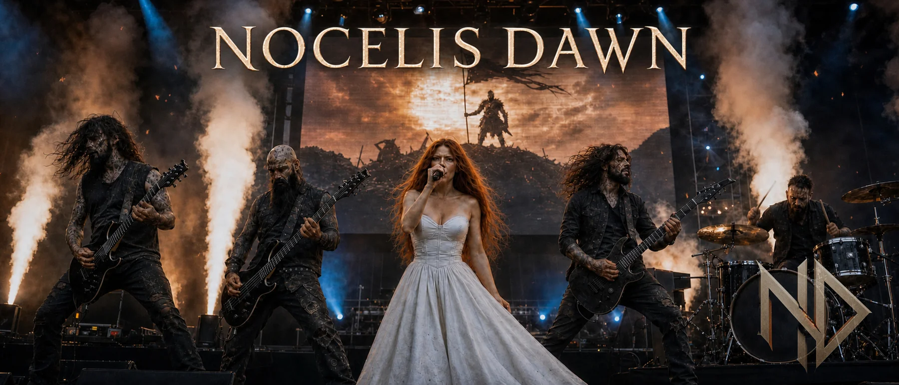 Nocelis Dawn performing live on stage beneath the band name